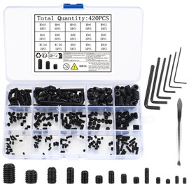 Pack of 420 Grub Screws Assortment, Metric Screw-In Sockets Mounting Screws Carbon Steel, M2.5/M3/M4/M5/M6/M8 Hex Socket Screws Threaded for Door Handles, Pack of 5 Allen Keys