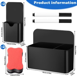 3 Pcs Magnetic Pen Holder, Whiteboard Pen Holder, Magnetic Marker Holder Pencil Holder Organizer for Fridge Refrigerator Office Home, with 2 Magnetic Whiteboard Eraser & 2 Pens(2 Sizes, Black)