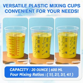 100 Pack Plastic Mixing Cups, 20 oz (600ml) - Disposable Measuring Cups with 100 Wooden Mixing Sticks, Measurement ratios: 2:1, 3:1, 4:1, Suitable for Epoxy Resin, Liquid Measuring, and Paint Mixing