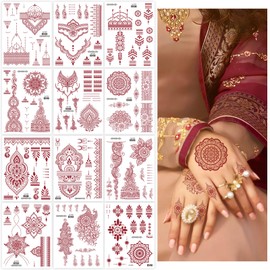 HZHSGLY 12 Sheets Temporary Tattoos, Temporary Tattoos for Women, Indian Red Tattoo Stickers, Waterproof Fake Tattoos for Neck Chest Arms Legs