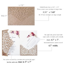 ponatia 20PCS Gold Glitter Laser Cut Wedding Invitations Pockets, Tri-fold 5x7 Laser Cut Invitation Pockets for Wedding Bridal Shower Quinceanera 15 Anos Invite (No Envelopes & Inner Sheets)