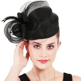 Woman Sinamay Fascinator Hat Pillbox Derby Hats Linen Feather with Veil Vintage Cocktail Tea Party Dress Cap Black