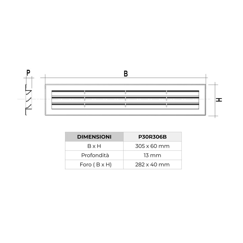 La Ventilazione P30R306B-Y Ventilation Grille, White, 305x60 mm