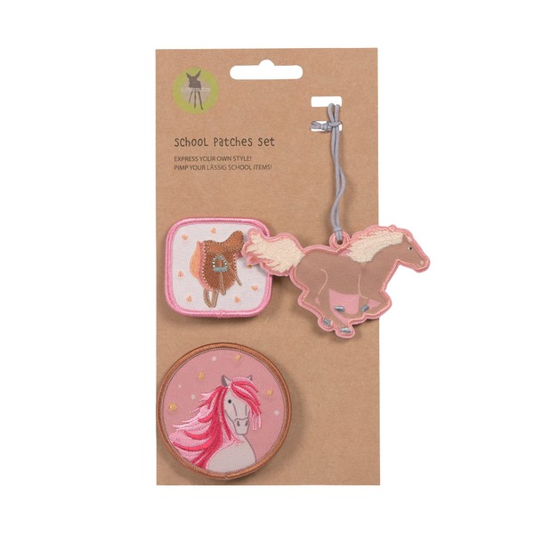 LÄSSIG Pendant and patches set (3 pieces) with press stud, school patches set, Horse Pink, Patches and tags for backpacks and school bags