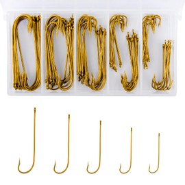 Alwonder 100-Pack Aberdeen Fishing Hooks Freshwater Crappie Panfish Straight Long Shank Light Wire Worm Small Fishing Hooks for Bass Bluegill Trout Sunfish High Carbon Steel #10#8#6#4#2 Gold