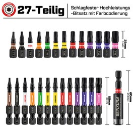 GEINXURN 26-Piece Torx Screwdriver Bit Set, Impact-Resistant T7-T40, 25 mm, 50 mm Length, 1/4 Inch Hex Shank, S2 Alloy Steel Screwdriver Bit Set with 1-Piece 60 mm Magnetic Bit Holder, Colour-Coded