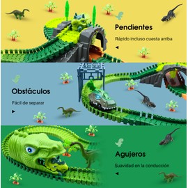 Juguete de Dinosaurio para Niños,Juguetes de Pista de Carreras de Dinosaurios,con Coches de Dinosaurios Eléctricos y Pistas de Carros Flexible,Regalo para Niños y Niñas de 3+ Años(Juego de 221 Piezas)