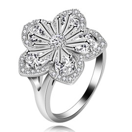 Uloveido Charm Big White Cherry Blossom Ring Rhodium Plated Teardrop Shape CZ Crystal Sakura Flower Rings Floral for Her Girlfriend Y581 (Size 9)