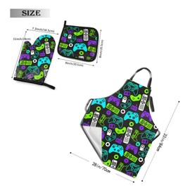 Oplp Video Game Controllers 3 Piece Kitchen Set Waterproof Apron with Oven Mitt and Pot Holder Cooking Adjustable Apron Microwave Glove Potholder