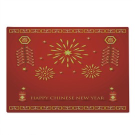 Ambesonne Chinese New Year Cutting Board, Celebration with Fireworks and Firecrackers Oriental Culture, Decorative Tempered Glass Cutting and Serving Board, Large Size, Vermilion and Yellow