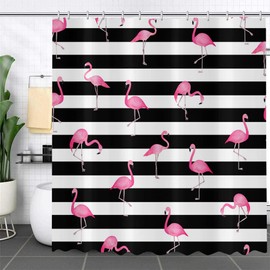 GCIREC Flamingo Shower Curtain, Black White Stripe with Hot Pink Flamingos Bathroom Curtain Waterproof Fabric Machine Washable with 12 Hooks