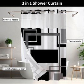 Vostolaiv No Hook Shower Curtain Black Geometric Shower Curtains with Snap in Liner Set Waterproof Polyester Shower Curtains Checkered Vintage Hookless Shower Curtain for Bathroom Tub, 72" X 75"