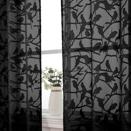 OVZME Black Sheer Curtains 63 Inch Length 2 Panel Set, Light Filtering Bedroom Curtains with Dual Rod Pocket Top, Leaf Bird Clip Jacquard Sheer Farmhouse Window Drapes for Living Room, 2x38Wx63L