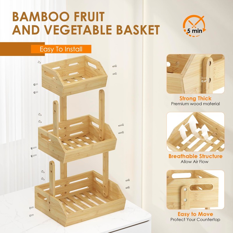JANSNIMEN 3 Tier Bamboo Fruit Basket, Fruit Basket for Kitchen