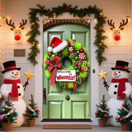 Cmialusie Merry Christmas Wreath Door banner Fabric Holiday Decor for Doorway and Windows, 71 x 35 Inch
