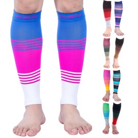 Doc Miller Manga de Compresión Para Pantorrillas (1 par) 20-30 mmHg Medias de Compresión Mangas Para Ejercicio, Recuperación, Dolor, Varices y Calambres en Piernas (Azul Rosa Blanco, Pequeño)