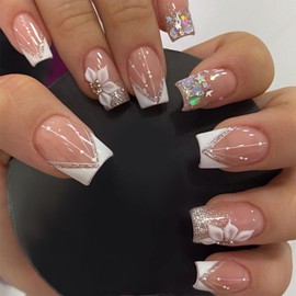 LunarCharm 24 Stück Eckig Nägel Zum Aufkleben, Glänzend Rosa French Künstliche Nägel mit Strasssteinen und Blumen, Kunstnägel Press on Nails, Square Fingernägel Fake Nails