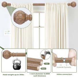 HTZON Wood Curtain Rods 66 to 120 Inch,1 Inch Adjustable Long Curtain Rod,Netted Wooden Window Curtain Rods,Farmhouse Rustic Heavy Duty Curtain Rods,Brown Wood Grain Decorative Drapery Rods 66-120"