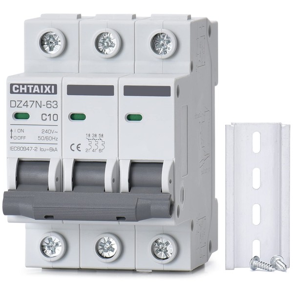 Chtaixi 3 Pole DIN Rail Mount Circuit Breaker, 10 Amp