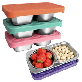 LVQVEV 4 Pack Stainless Steel Snack Containers, 2 Compartment Snack Container with Silicone Lids, Easy Open Leak Proof Reusable Metal Toddler Snack Containers for Daycare (Orange, pink, purple, blue)