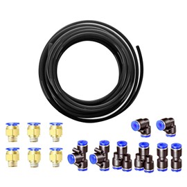 HUAZIZ 5 m PU Pneumatic Hose, Black Pneumatic Polyurethane Pneumatic Hose, Flexible Compressed Air Hose, with 14 Pieces Pneumatic Connectors, Air Push Quick Couplings, Outer 10 mm x Inner 6.5 mm