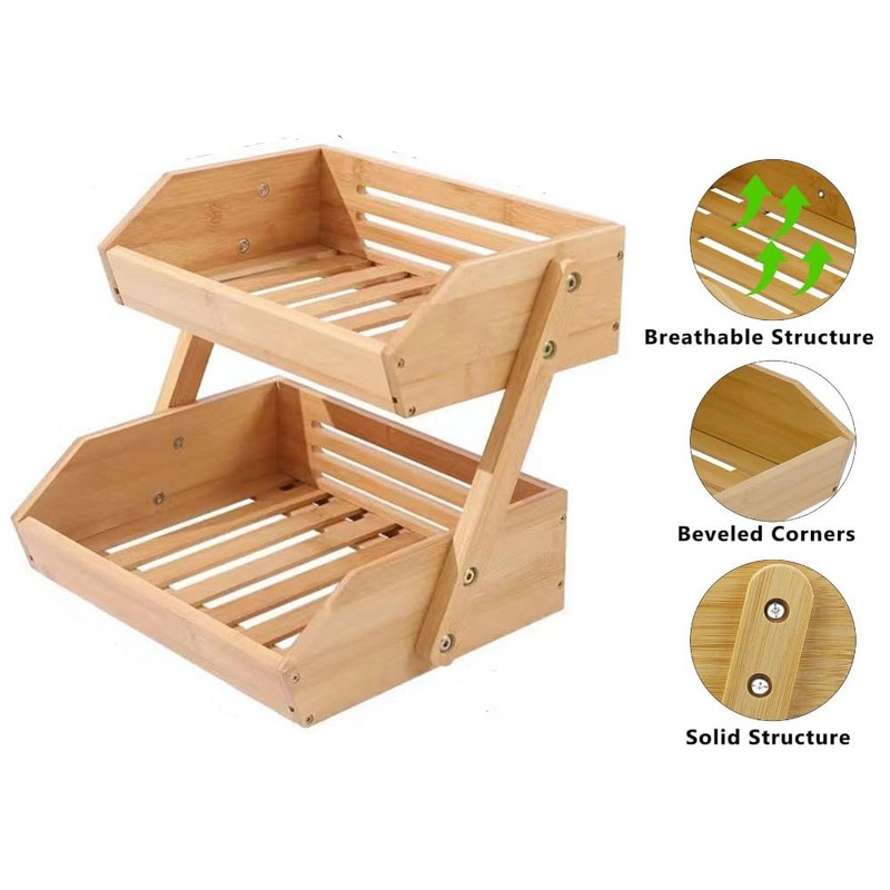 FUKWUNTO Fruit Basket Bamboo 3 layer drainage rack, Double-layer Assembled
