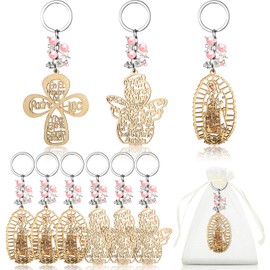 Hicarer 18 Pcs Baptism Key Ring Recuerdos De Bautizo Para Cross Wooden Keychain with Organza Gift Bags Baptism Favor (Pink Pearls)