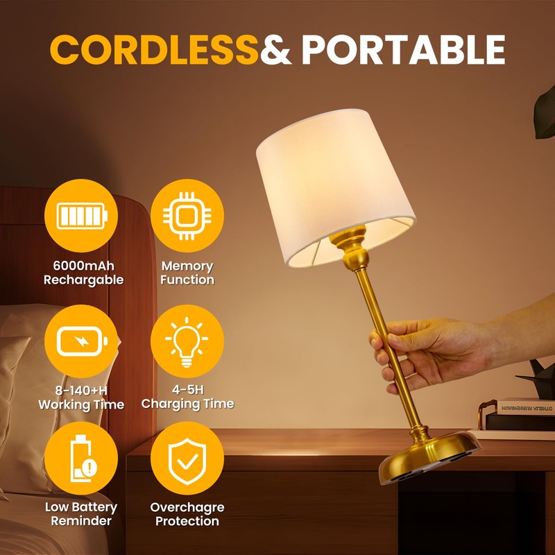 Small Cordless Table Lamp Touch Control, 6000mAh Battery Powered, Low
