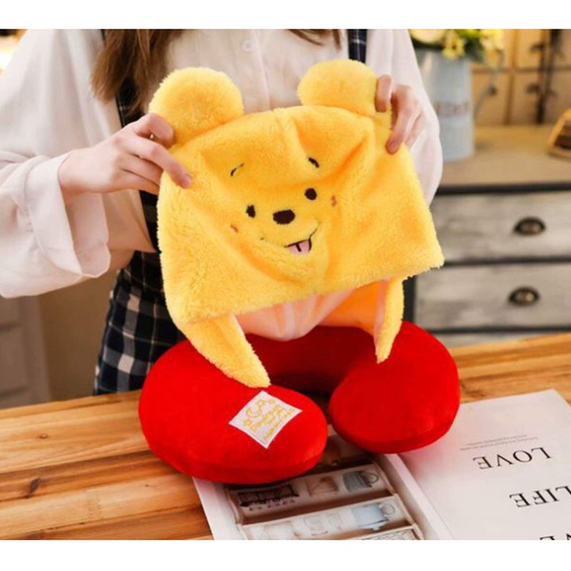 Cute Teddy Bear Pooh Travel Neck Pillow with Hoodie Hood
