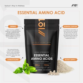 Essential Amino Acids 2800mg with BioPerine® – 180 Vegan Capsules – All 9 EAA Amino Acids with All 3 BCAA's Plus 6 More EAAs to Build and Repair Muscle - by Alpha01