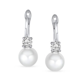 Classic Elegant Bridal CZ Accent White Glass Pearl Ball Drop Earrings Hinge Closure For Women Wedding Special Occasions Silver Plated