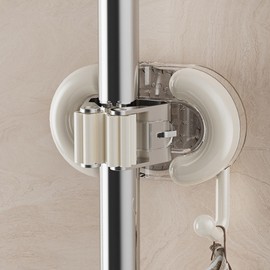 Mop Broom Holder with Hook Suction-cup Type Mop Broom Organizer Wall Mounted with Hanger for Kitchen Bathroom Drill Free Mop Broom Gripper Cleaning Supplies Organizer Utility Holder, Cream White