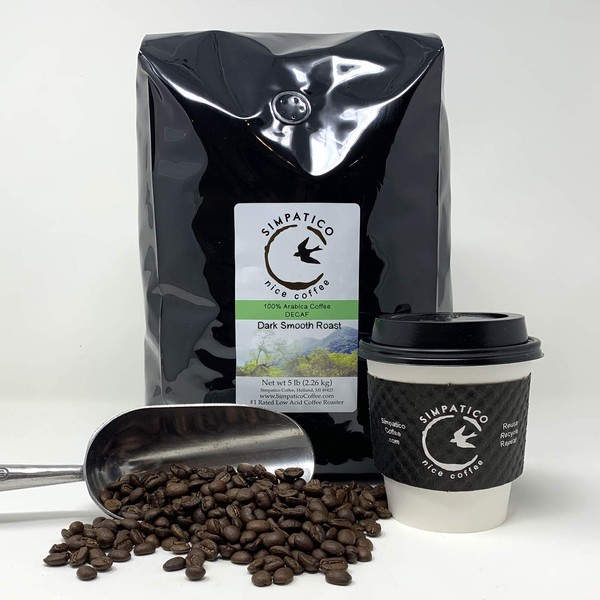 Simpatico Low Acid Coffee - Dark DECAF - WHOLE BEAN - (5 pounds) Water Processed