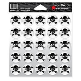 Award Decals New Skull and Crossbone (White on Clear) Sticker Set 1" (100 Decals) 20mil Thick Heavy Duty Vinyl Sports Helmet Award Decals