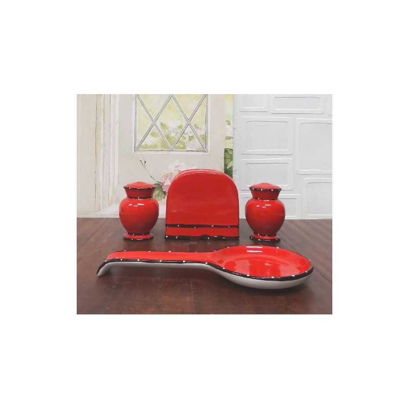 ACK Hand Painted Ceramic Ruffle Red 4PCs Table/Stove Top Set,
