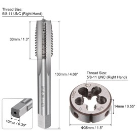 sourcing map 2pcs Tap and Die Set, 5/8-11 UNC Thread Tap & Round Die, Tapping Threading Tool Tap & Die Kit for Nut Screw Bolt Thread Repair