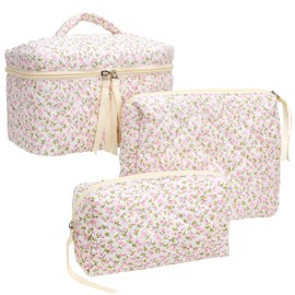 3PCS Makeup Bag SET Large Travel Quilted Zipper Soft Cosmetic Case Pouch for Women Girls Make Up,Floral Pink