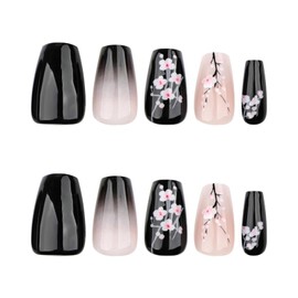 MISUD Coffin Press on Nails Medium Fake Nails Glossy Glue on Nails Black Ombre Acrylic Nail Supplies Ballerina Artificial Nail Art Plum Blossom Stick on False Nails with Design DIY 24 pcs