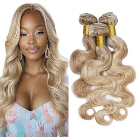 Dokksiiia P27613 Highlight Honey Blonde Body Wave Bundles Human Hair Ombre Bundles #27 Warm Honey & #613 Cool Light Blonde Mix Double Weft Brazilian Human Hair Extensions 26 28 30 Inch