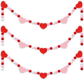 3 Pcs Valentine’s Day Heart Felt Banner Red Pink White Heart Felt Banner Valentine’s Day Pom Pom Ball Garland Valentine’s Day Heart Pompom Hanging Garland for Valentine’s Day Home Party Favors
