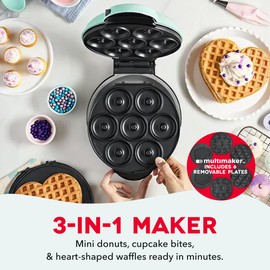 Dash MultiMaker® Treat Maker System - Make Mini Donuts, Cupcakes & Heart-Shaped Waffles - Interchangeable Plate Design - dishwasher safe Parts for Easy Cleanup - Aqua