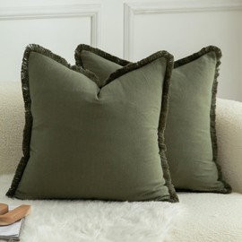 Mandioo Set of 2 Neutral Cotton Fringe Cushion Covers 50x50 cm 20x20 inch Decorative Boho Farmhouse Throw Pillowcase Cozy Tassels for Couch Sofa Bedroom Living Room Home Decor Olive Green