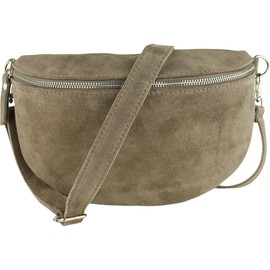 MIRROSI® Women's Bum Bag, Made in Italy, Genuine Leather Shoulder Bag, Chest Bag, Crossbody Bag Made of Genuine Leather, Available in 3 Sizes, Taupe (Suede Silver Zipper)