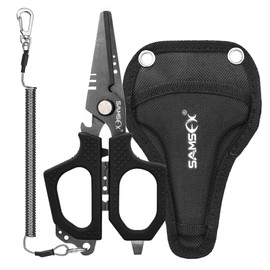 SAMSFX 6.5’’ Fishing Scissors with Non-Slip Grip Handles and Micro Serrated Edges, Shears with Multi-Function and Durable Coating Design (Nylon Sheath, Black Kraton Handle)