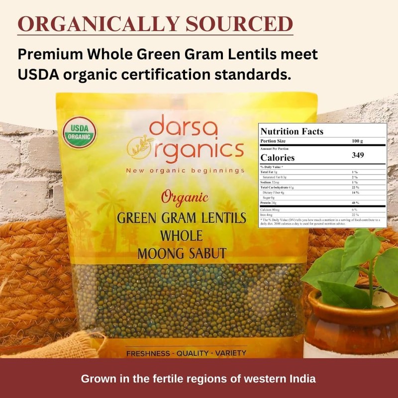 Darsa Organics Green Beans Whole Moong - 2 lb, USDA