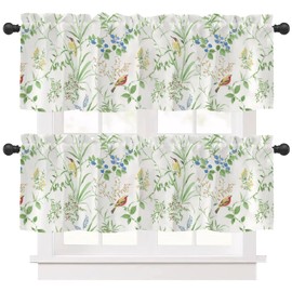 Kitchen Curtain Valances Flowers and Birds Topper Curtain Watercolor Printed Window Treatment for Living Room Bedroom Bathroom 2 Pack Green Flower Bird
