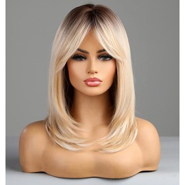 LEMEIZ Blonde Wigs with Fringes, Synthetic Hair Ombre Brown to Blonde Highlighted Wigs for Women, Realistic-Looking Blonde Wigs, 40.6 cm/16 inches LEMEIZ-163
