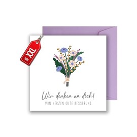 XXL Greeting Card with Envelope - "Wir denken an Dich" (Wir denken an Dich) – Simple Flowers Get Soon Card – Get Well Wishes Giant Card (XXL 22 cm x 22 cm)
