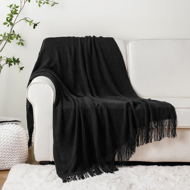 Battilo Black Throw Blanket with Fringe, Bed Throws for Home