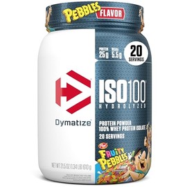 Dymatize ISO 100, Proteína Aislada de Suero Hidrolizada, Sabor Fruity pebbles, 640 g, 25 g Proteína por Porción, Sin Gluten, 20 porciones